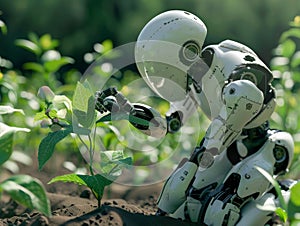 A robot disguised as a flower tending a garden