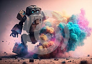 Robot disposing of smoke bombs on a colorful background.Bomb disposal robot concept in war. Generative AI