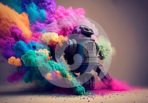 Robot disposing of smoke bombs on a colorful background.Bomb disposal robot concept in war. Generative AI