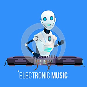 Robot Dj Leads The Party Playing Electronic Music In Night Club Vector. Isolated Illustration