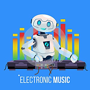 Robot Dj Leads The Party Playing Electro Music At Mixing Console In Night Club Vector. Isolated Illustration