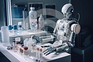 robot doctor adjusting iv drip and preparing medications for patient