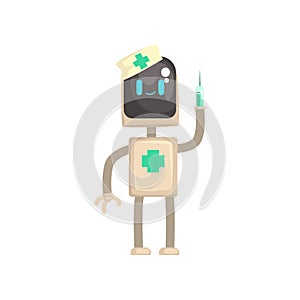 Robot doctor character, android with syringe in its hands cartoon vector illustration