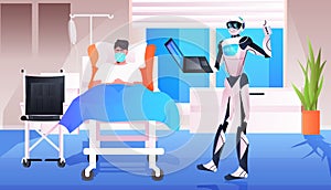robot doctor with laptop consulting patient lying in bed modern hospital clinic ward interior medicine healthcare