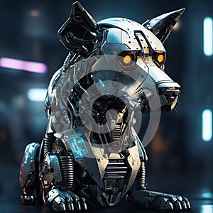 The robot dog is a mechanical machine. Ðnimal consists of metal parts and electronics. Head with yellow eyes, close-up.