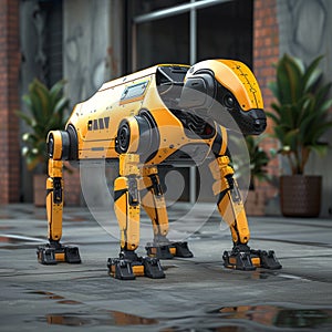 Robot dog navigates, carrying goods in futuristic delivery scenario
