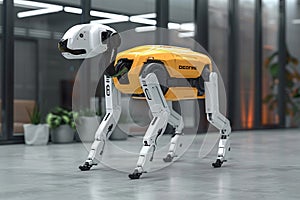 Robot dog navigates, carrying goods in futuristic delivery scenario