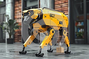 Robot dog navigates, carrying goods in futuristic delivery scenario