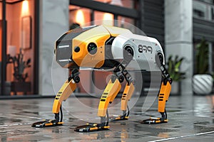 Robot dog navigates, carrying goods in futuristic delivery scenario