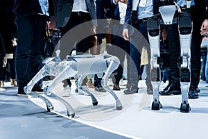 A robot dog walking and playing around people at a technology trade show. Concept of robotics engineering innovation and AI