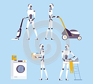 Robot doing housework. Robotic housekeeping. Robot doing home cleanup, laundry.