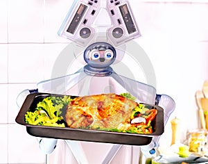 Robot domestic assistance cook at kitchen.