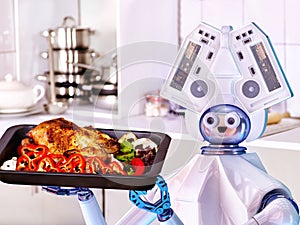 Robot domestic assistance cook at kitchen.