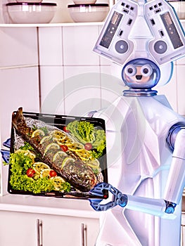 Robot domestic assistance seafood cook fish.