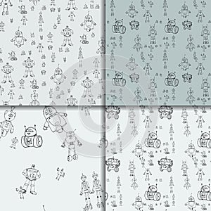 Robot doodles pattern set.