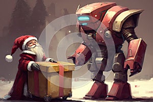 robot dressed as santa and delivering presents to children