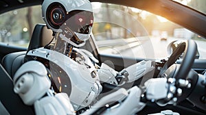 Robot drives the car. Future technologies. Autopilot