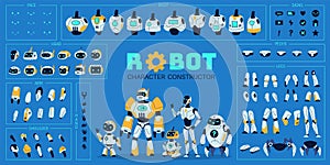 Robot elements kit. Cute cyborg character and different replacement parts, heads, torsos, arms and legs, robot