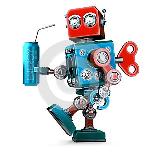 Robot with energy drink can. Technology concept. 3D illustration