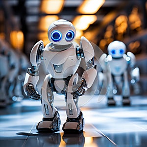 Robot engineer assembling small detail in dark laboratory. Generative AI