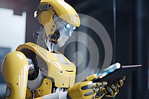 Robot engineer wearing yellow helmet holding digital tablet in hands