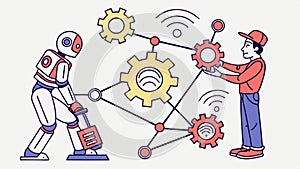 Robot and engineer working, technology and robotics team vector design Generative AI