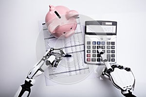 Robot Examining Financial Report With Calculator