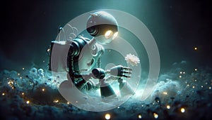 Robot examining a flower in a mystical underwater scene