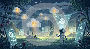 AI Robot, Crypto Clouds & Blockchain Data in a Digital Nature