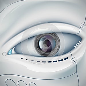 Robot face with the camera lens in the eye. Stock futuris