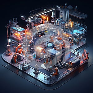 Robot Factories advanced facilities producing robots and machinery intricate assembly AI Isometric