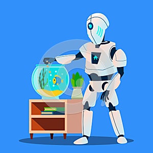 Robot Feeds Beautiful Fish In Aquarium Vector. Isolated Illustration