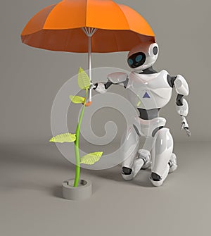 Robot female protect sprout, plant,3d, render