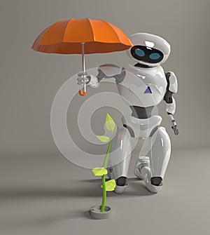 Robot female protect sprout, plant,3d, render