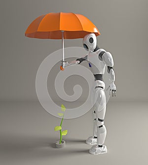 Robot female protect sprout, plant,3d, render