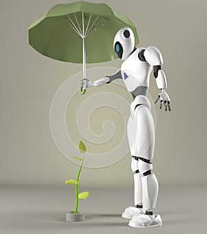 Robot female protect sprout, plant,3d, render