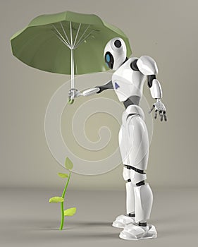 Robot female protect sprout, plant,3d, render