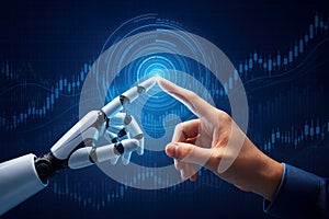 Robot finger and human finger touching on a digital interface with stock market data artificial intelligence