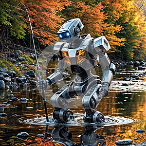 Robot fisherman of silver color stands in the river with a spinning