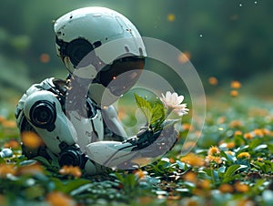 Robot and flower. A humanoid robot holding a flower in it's hand on green grass