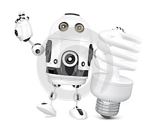 Robot with fluorescent light bulb. 3D illustration. Isolated. Co