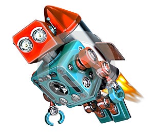 Robot fly on rocket. Start up concept. 3d illustration. Isolated
