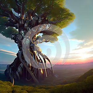 Robot, futuristic, fantasy tree on afternoon background. Innovative environmental change concept, metallic, machinery jungle and