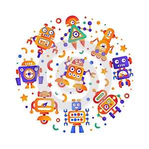 Robot with Futuristic Modern Bot and Android Round Vector Composition