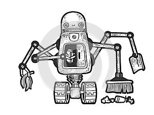 Robot garbage scavenger sketch engraving vector photo