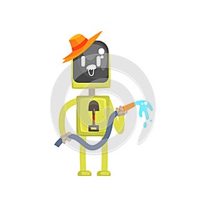 Robot gardener character, android standing with watering hose in its hands cartoon vector illustration