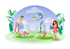 Robot Gardener, Helper Flat Vector Illustration