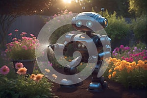 Robot gardener watering flowers in backyard