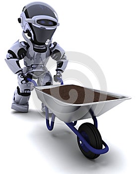 Robot gardener with a wheel barrow carrying soil
