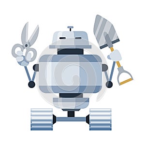 Robot gardener on wheels holding pruner, shovel cartoon icon. Android caring for plants.